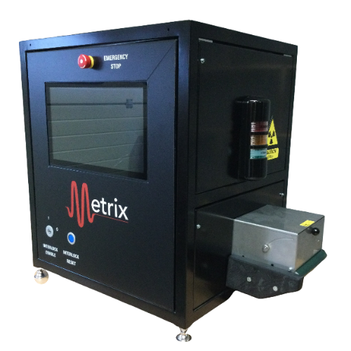 Three quarter view of a black Metrix x-ray cabinet with a viewing window on the front door